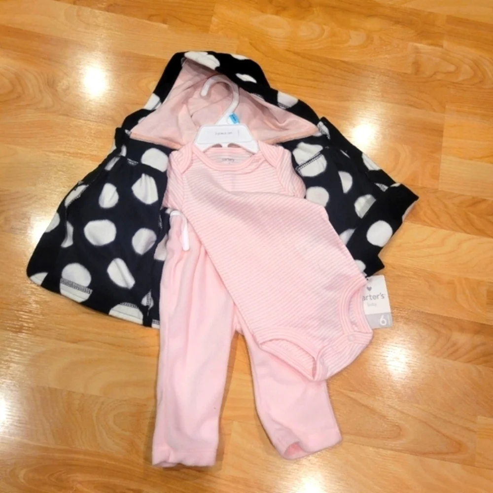 3 PIECE CARTER'S BABY GIRL ONESIE FLEECE PANTS FLEECE COAT SET SIZE 6 months new